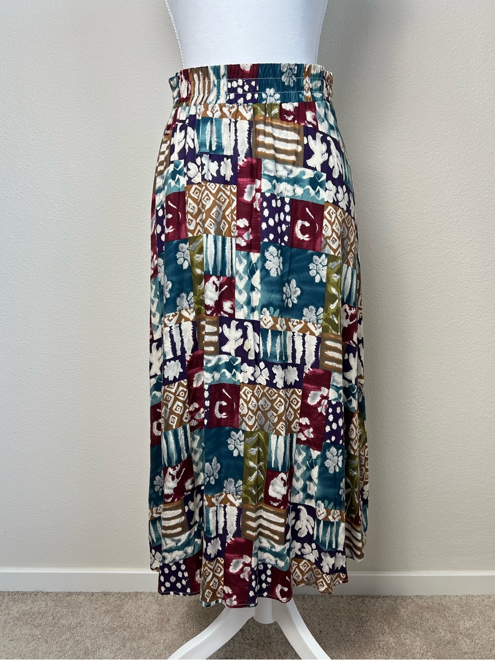 VTG Robert Stevens Artsy‎ Skirt M Patchwork Batik Floral Boho Cottagecore Midi